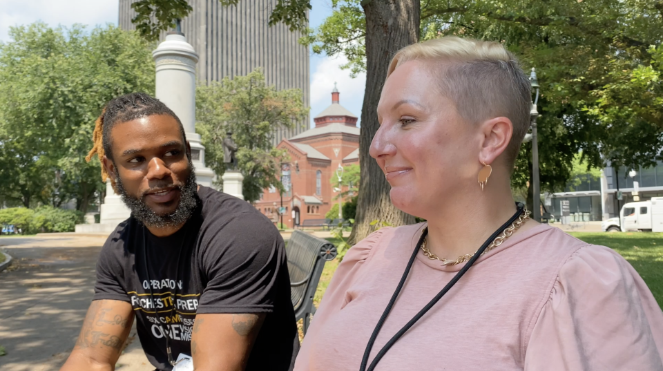 Dre’ Johnson and Renee Brean are social workers on Rochester’s Person in Crisis team. (Richard Hall / The Independent)