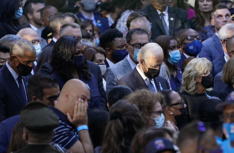 From left, former President Barack Obama, Michelle Obama, President Joe Biden and first lady Jill Biden, attend a ceremony marking the 20th anniversary of the Sept. 11, 2001, terrorist attacks at the National September 11 Memorial and Museum in New York, Saturday, Sept. 11, 2021. (AP Photo/Evan Vucci)