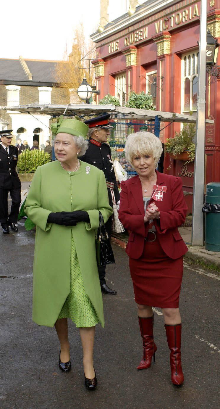 Dame Barbara with Queen Elizabeth on the set of ‘EastEnders’ [Photo: Getty]