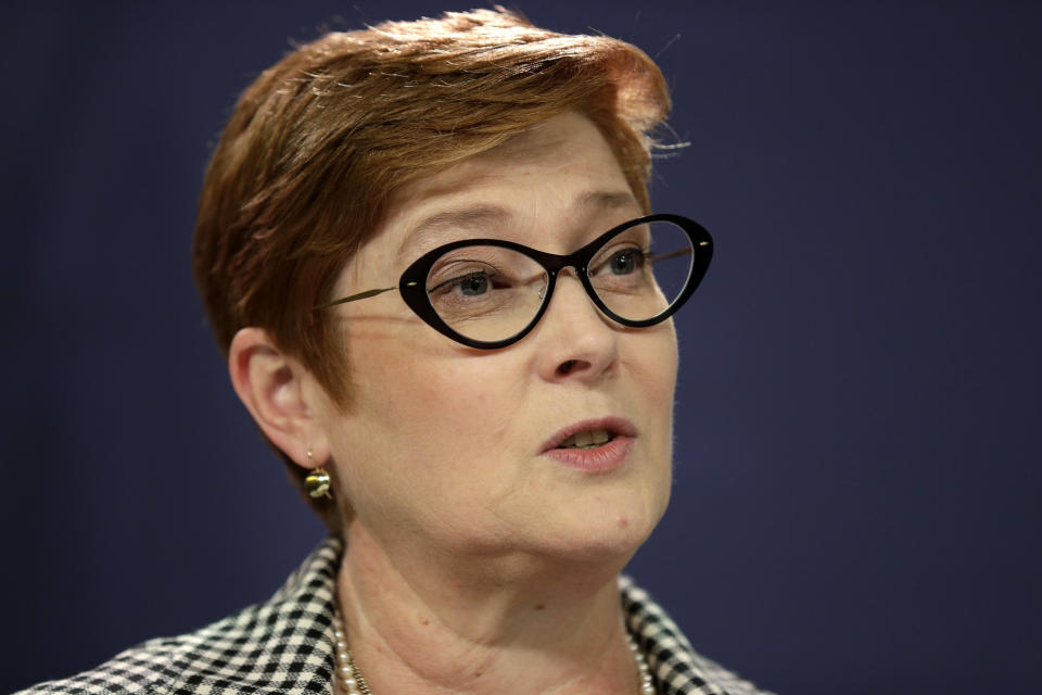 FILE - In this Oct. 4, 2019, file photo, Australian Foreign Minister Marise Payne holds a press conference following the Australia-New Zealand Foreign Minister Consultations in Sydney. Payne on Monday, Dec. 2, 2019, was "very concerned" and described as unacceptable the daily interrogation of a shackled Chinese Australian writer detained in Beijing on suspicion of espionage since January. (AP Photo/Rick Rycroft, File)