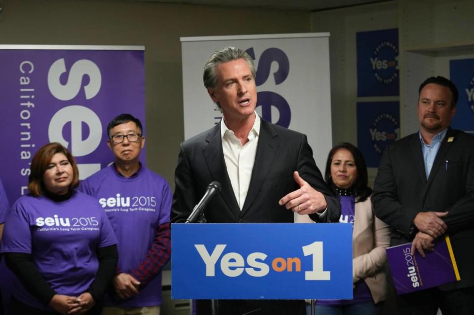 California Gov. Gavin Newsom speaks at a Proposition 1 campaign event at the Service Employees International Union office in San Francisco, Monday, March 4, 2024. Californians are set to vote Tuesday on a statewide ballot measure that is touted by Newsom as a major step to tackle homelessness and would be the first major update to the state’s mental health system in 20 years. (AP Photo/Terry Chea)