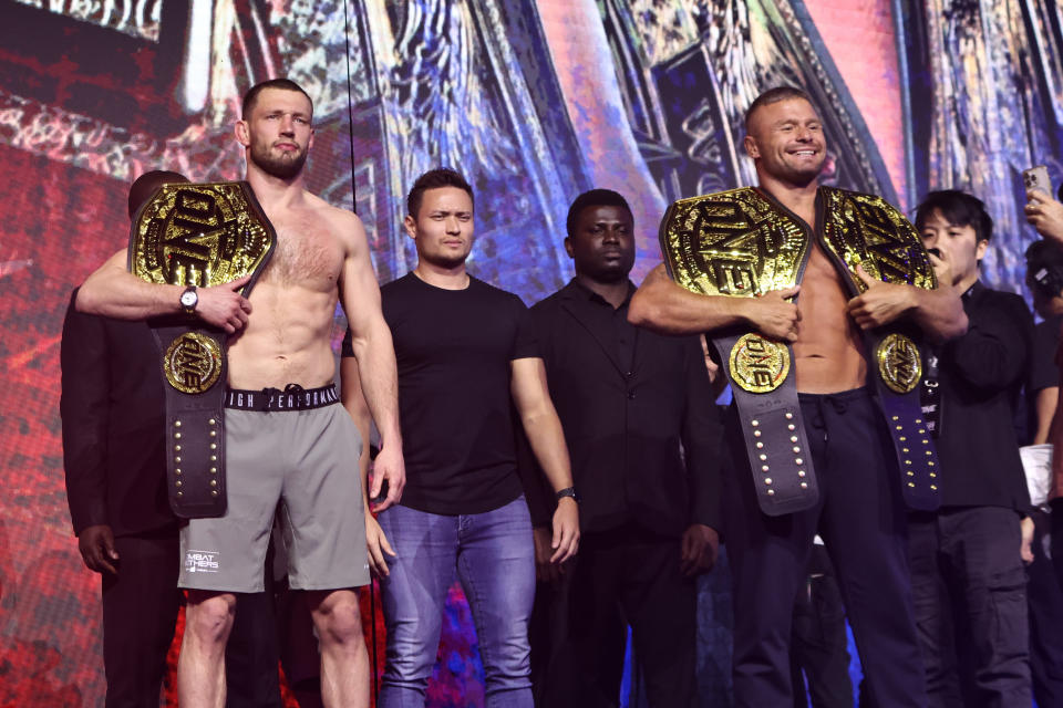 Reinier de Ridder vs Anatoly Malykhin faceoff ONE 166 ceremonial weigh-ins