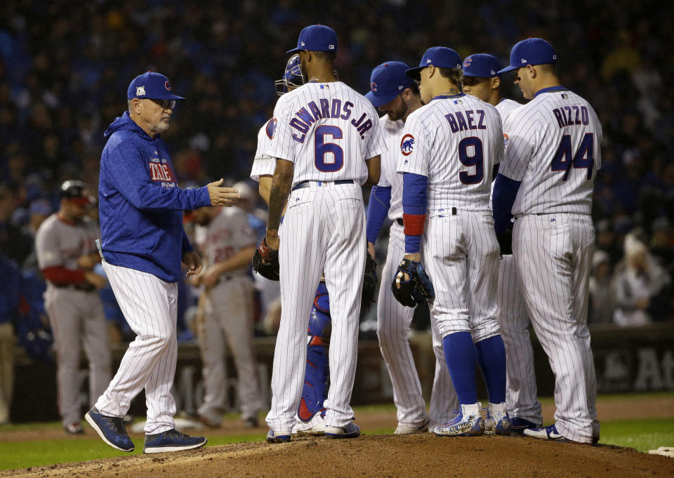 Usually when this many Cubs are gathered together a dance party is about to break out. (AP Photo)