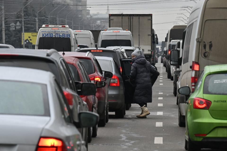 Lines of cars in a huge traffic jam as people try to leave Kyiv. 