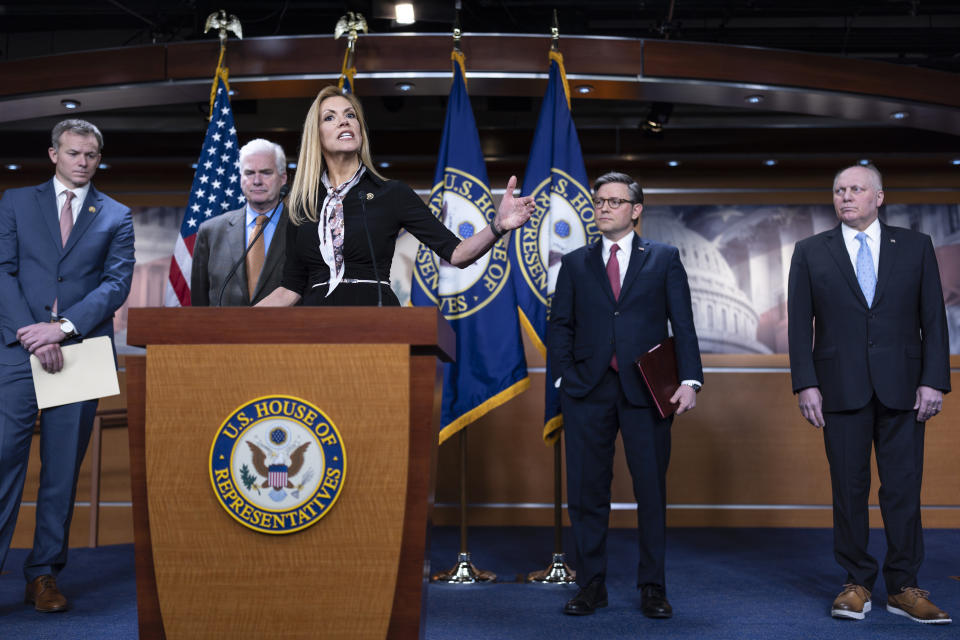 House Republicans, from left, Rep. Blake Moore, R-Utah, Majority Whip Tom Emmer, R-Minn., Rep. Beth Van Duyne, R-Texas, Speaker of the House Mike Johnson, R-La., and Majority Leader Steve Scalise, R-La., discuss President Joe Biden for his policies at the Mexican border during a news conference at the Capitol in Washington, Thursday, Feb. 29, 2024. (AP Photo/J. Scott Applewhite)