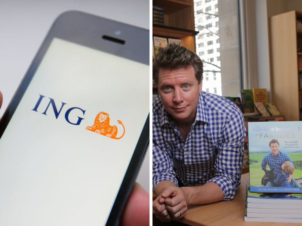 A split image of the ING logo on a mobile phone and Barefoot Investor author Scott Pape at his book signing.