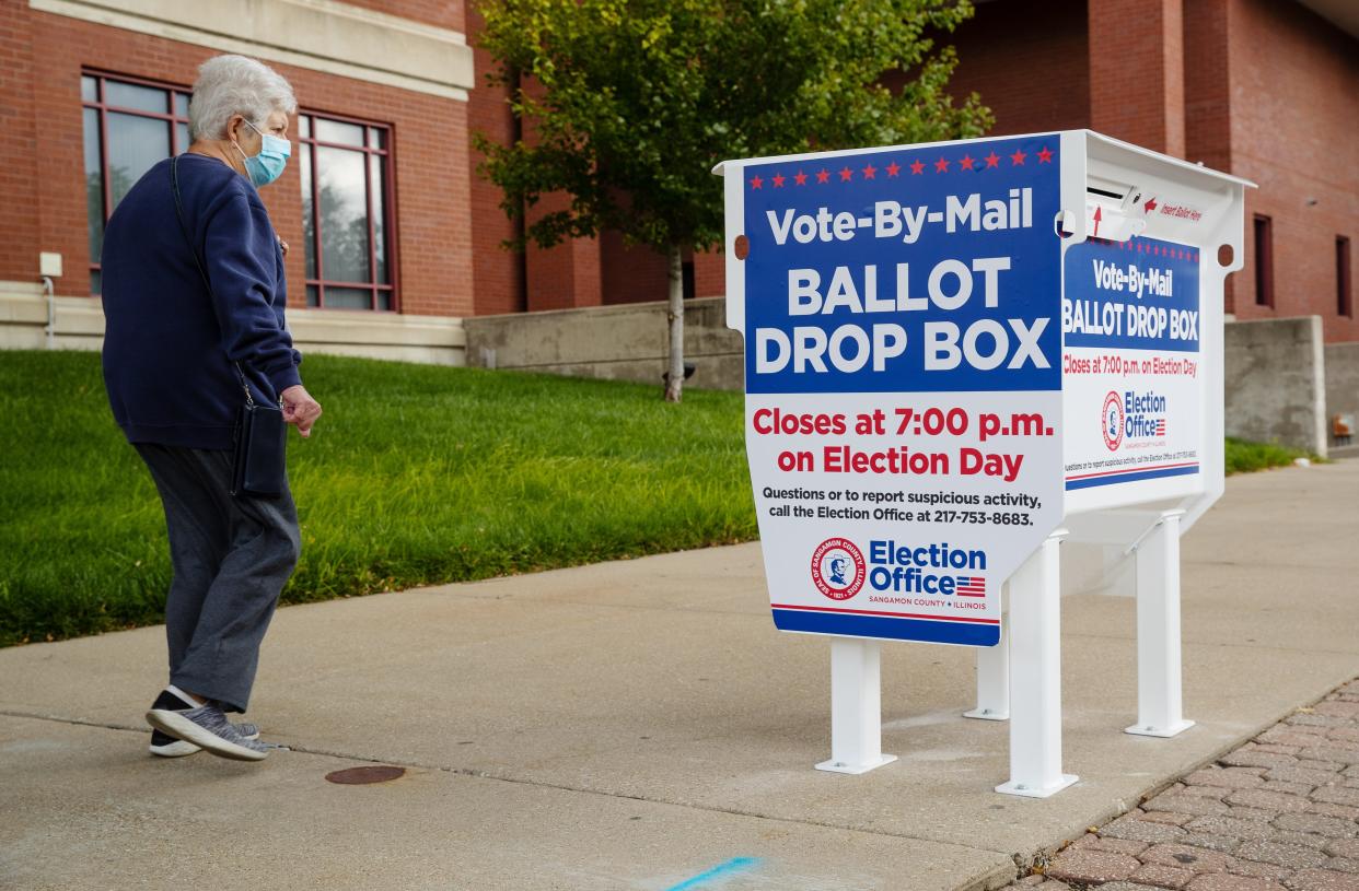 Voters can deposit their early voting ballots at a drop box like the one installed on the south side of the Sangamon County Building in Springfield, Ill.