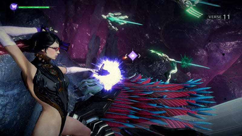 Bayonetta shoots homunculi while riding the back of an infernal bird demon. 