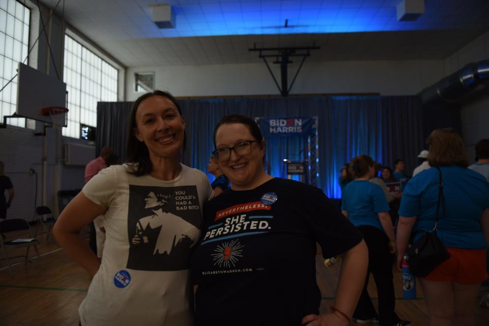 Amy Schutt (left) and Jessica DeWolfe (right) pose for a photo at a Biden-Harris rally on June 25, 2024, in Minneapolis.