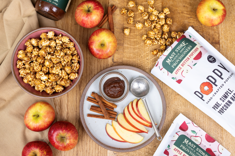 Poppy Handcrafted Popcorn and Mast General Store's new Apple Butter Popcorn is available for fall 2023 season at Mast General Store and online.