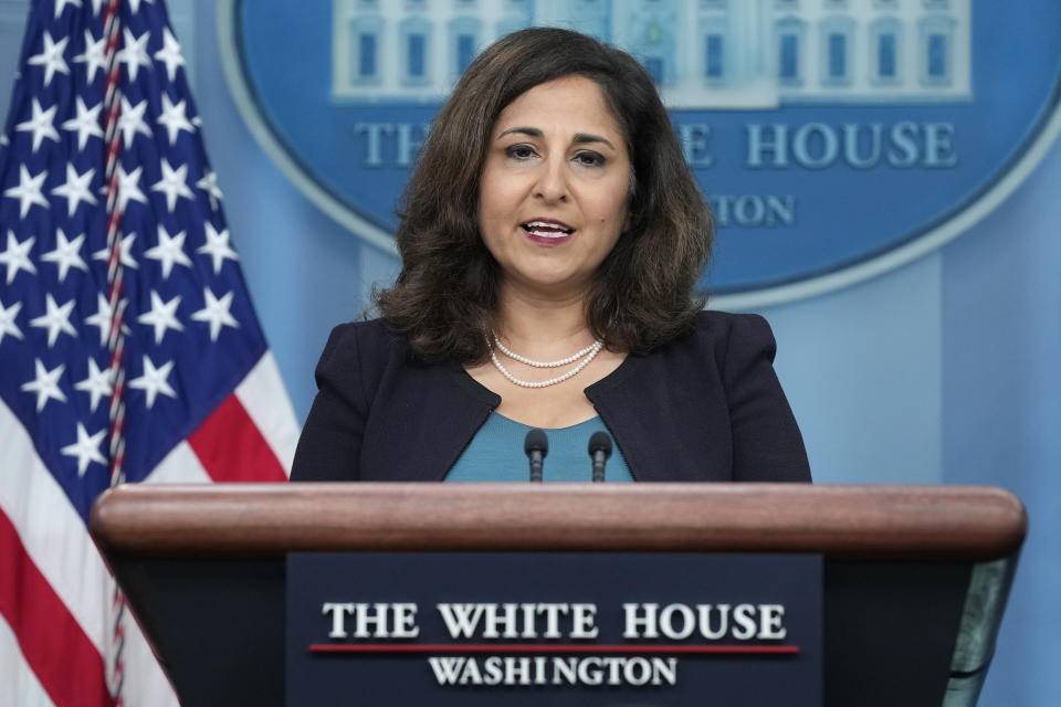 FILE - White House adviser Neera Tanden speaks during the daily briefing at the White House in Washington, Aug. 29, 2023. The Environmental Protection Agency will pair artists with federal officials overseeing treasured bodies of water in the United States as part of a new initiative to use arts and culture to support water restoration and climate resiliency. Tanden says the arts help "people to see each other and understand how we're connected." (AP Photo/Susan Walsh, File)