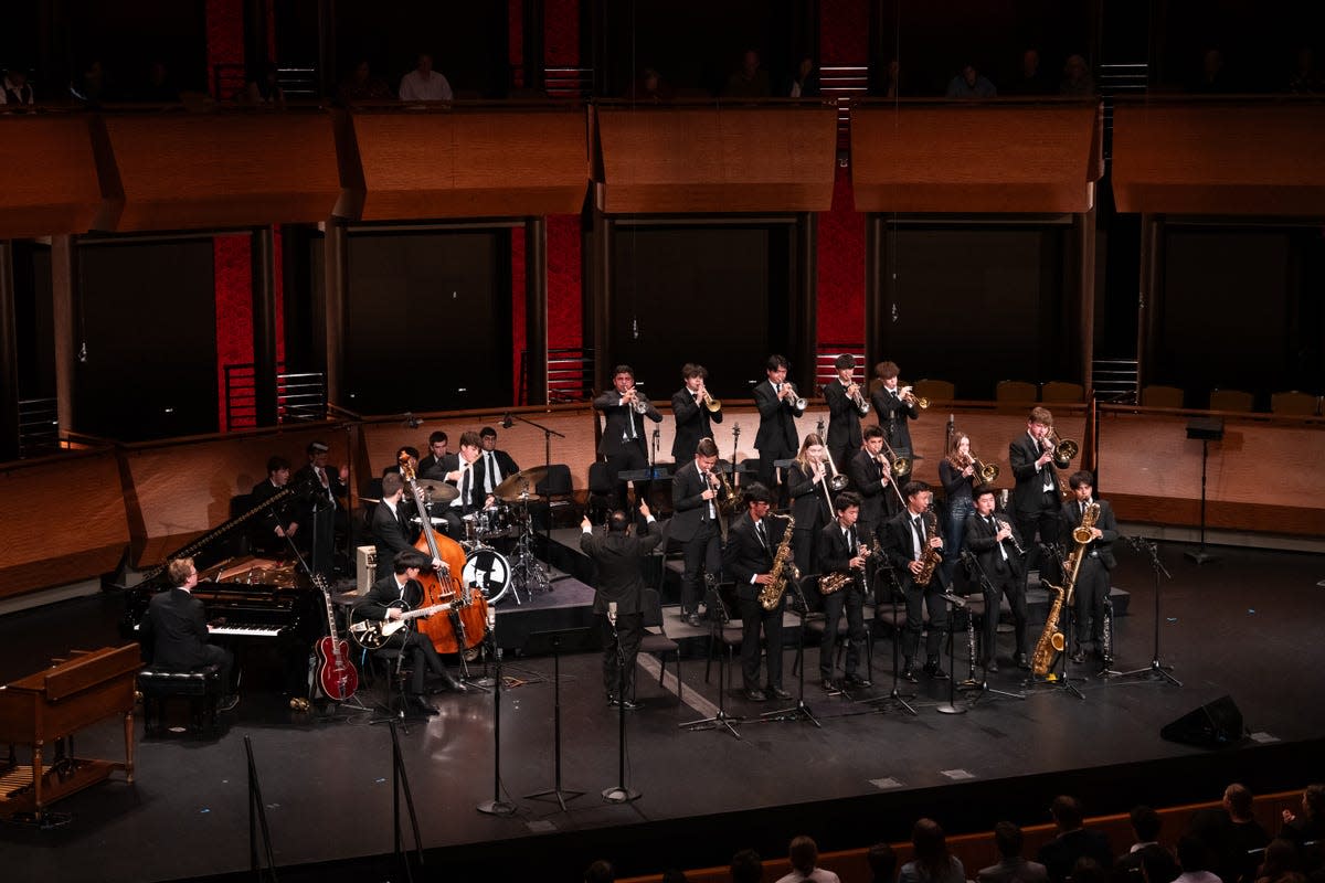 Directed by Julius Tolentino and 1st place in the competition, the Newark Academy band from Livingston, NJ, performs at the Rose Theater on May 11, 2024. New York. The 29th annual Essentially Ellington High School Jazz Band Competition and Festival at Lincoln Center