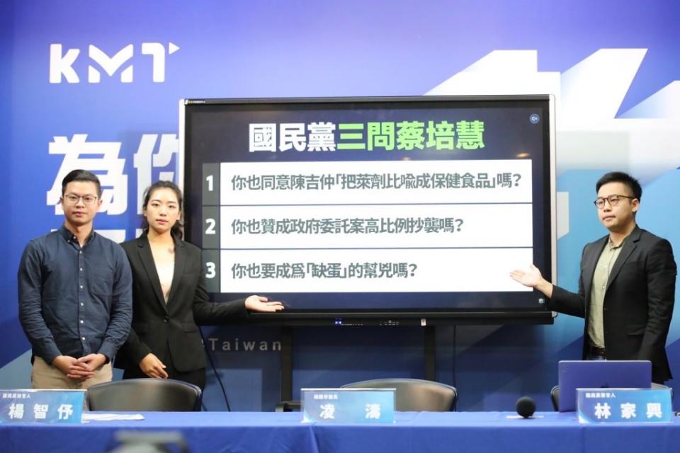 國民黨問蔡培慧是否成缺蛋幫兇。（國民黨提供）