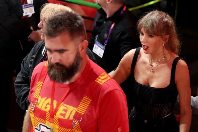 <p>Harry How/Getty</p> Jason Kelce, Donna Kelce and Taylor Swift photographed in Las Vegas on Feb. 11, 2024