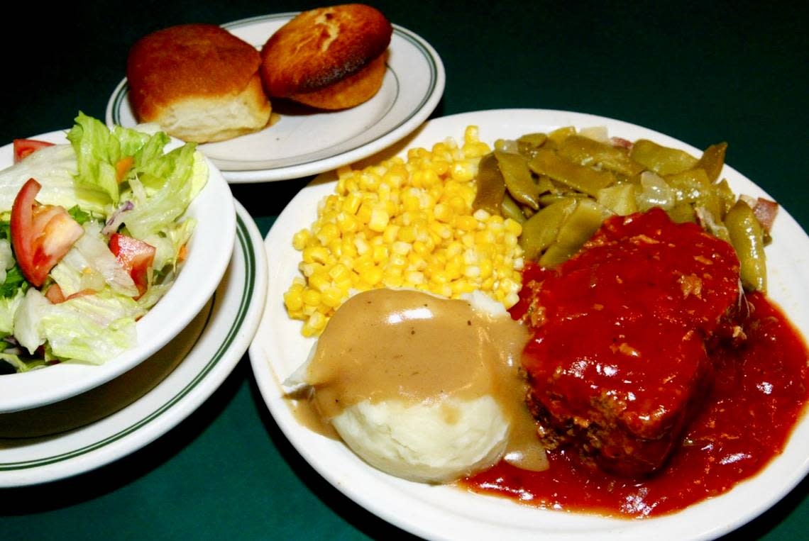 A plate lunch with meat loaf at a Mama’s Daughters’ Diner location in Dallas in 2004. (It hasn’t changed.)