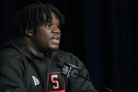 FILE - Georgia defensive lineman Jordan Davis speaks during a press conference at the NFL football scouting combine in Indianapolis, Friday, March 4, 2022. Alabama’s Nick Saban said last month that his players made more than $3 million in NIL deals over the last year and his SEC rival, Georgia's Kirby Smart, got even more specific. “We may have had the highest-paid defensive lineman last year in NIL in Jordan Davis,” Smart said.(AP Photo/AJ Mast, File)