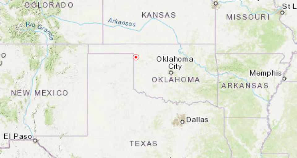 A magnitude 4.1 earthquake struck west of Shattuck, Okla., on May 25, 2021. (USGS)