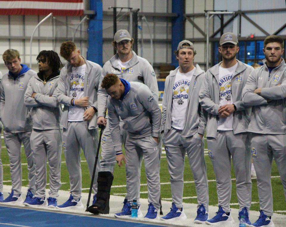 SDSU players at the national championship celebration at the SJAC on Tuesday night.