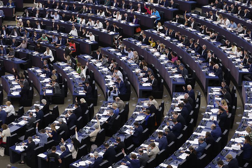 Lawmakers vote on the Artificial Intelligence act Wednesday, 14 June 2023 at the European Parliament in Strasbourg, eastern France.