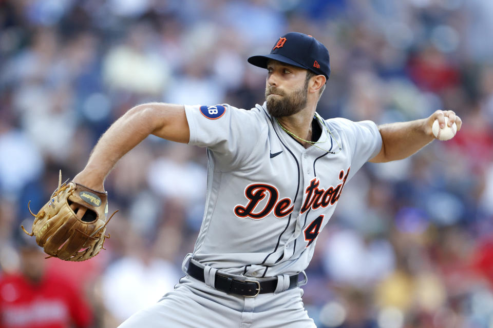 Detroit Tigers starting pitcher Daniel Norris delivers against the Cleveland Guardians during the first inning of a baseball game Wednesday, Aug. 17, 2022, in Cleveland. (AP Photo/Ron Schwane)