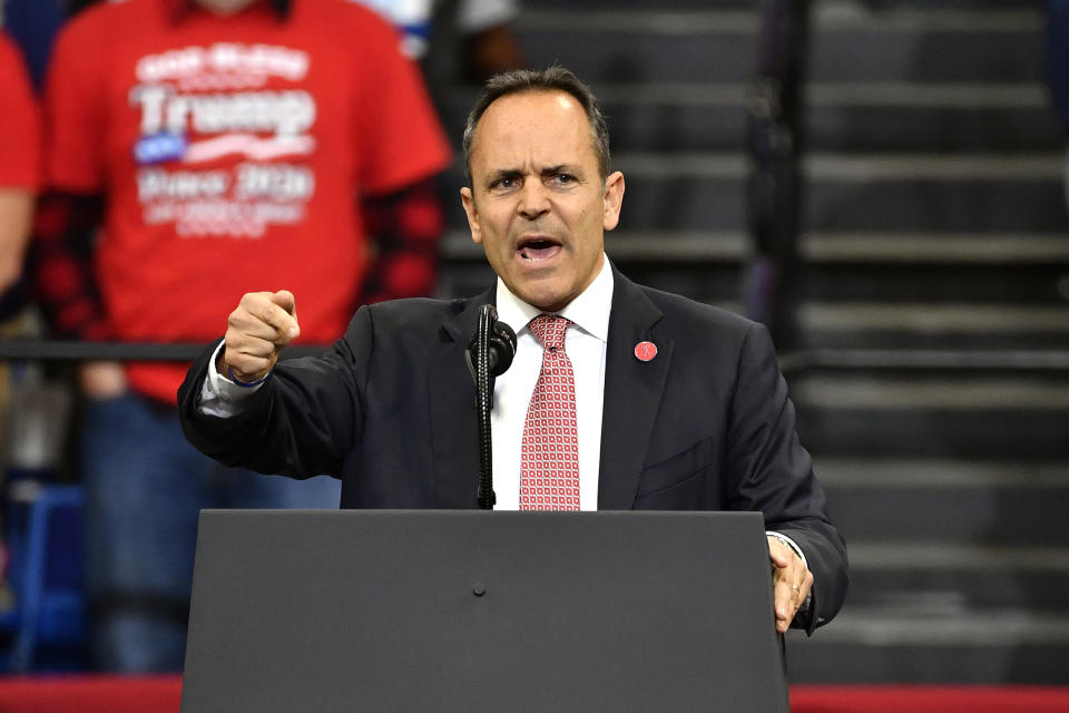 Kentucky Gov. Matt Bevin address the audience before the start of a rally for President Donald Trump in Lexington, Ky., Monday, Nov. 4, 2019. Bevin basked Monday in the campaign finale he wanted — an election-eve appearance with President Donald Trump just hours before Kentucky voters choose between him and Democratic Attorney General Andy Beshear. (AP Photo/Timothy D. Easley)