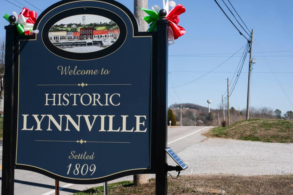 A sign welcomes visitors to Historic Lynnville, Tenn. on Feb. 18, 2024.