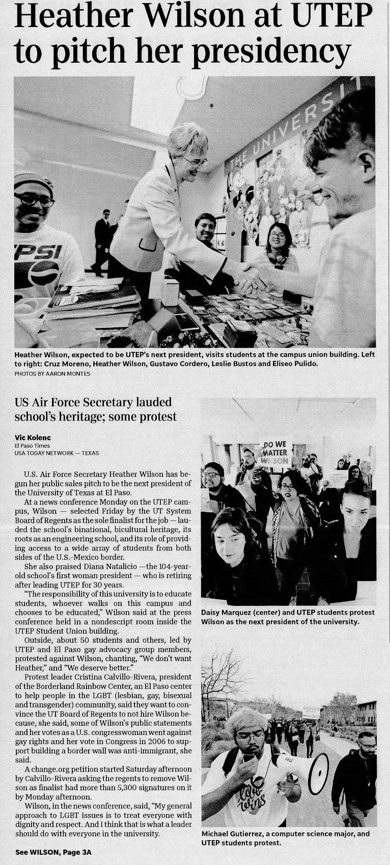 March 12, 2019: 50 students and others, led by UTEP and El Paso gay advocacy group members, protested against Heather Wilson, chanting, "We don't want Heather," and "We deserve better."