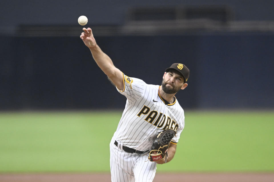 San Diego Padres starting pitcher Michael Wacha (52) delivers during the first inning of a baseball game against the Cleveland Guardians Wednesday, June 14, 2023, in San Diego. (AP Photo/Denis Poroy)