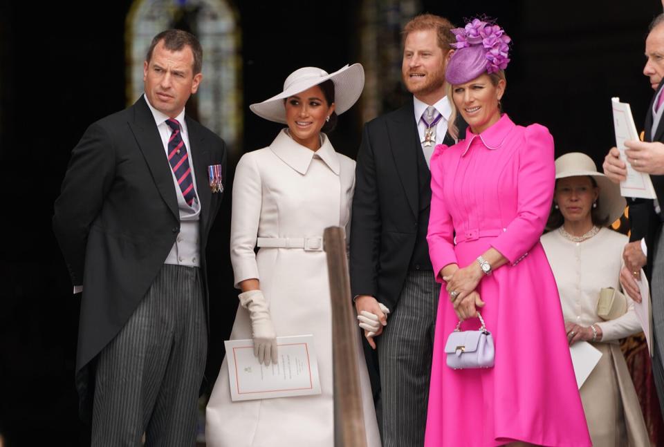 Peter Phillips, the Duchess of Sussex, the Duke of Sussex and Zara Tindall leave the National Service of Thanksgiving at St Paul's Cathedral