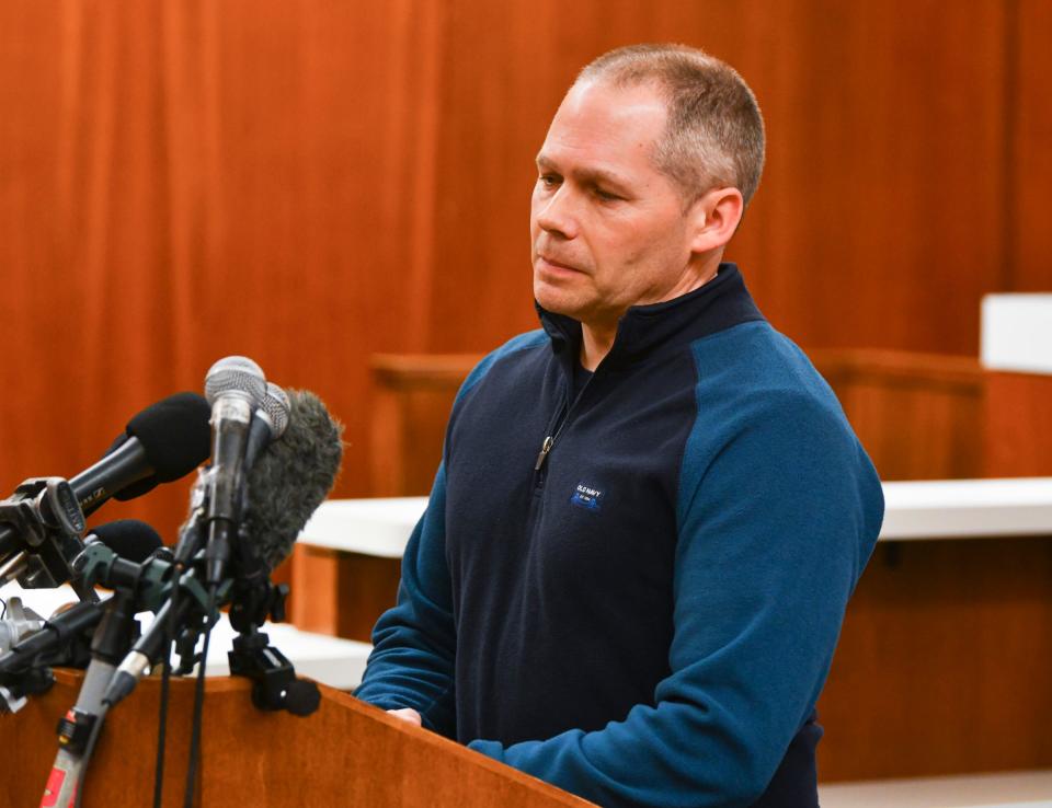 Buffalo Police Chief Pat Budke pauses while speaking during a press conference regarding a shooting at the Allina Health Clinic Tuesday, Feb. 9, 2021, at the Wright County Government Center in Buffalo. "Our heart breaks as a community," Budke said.