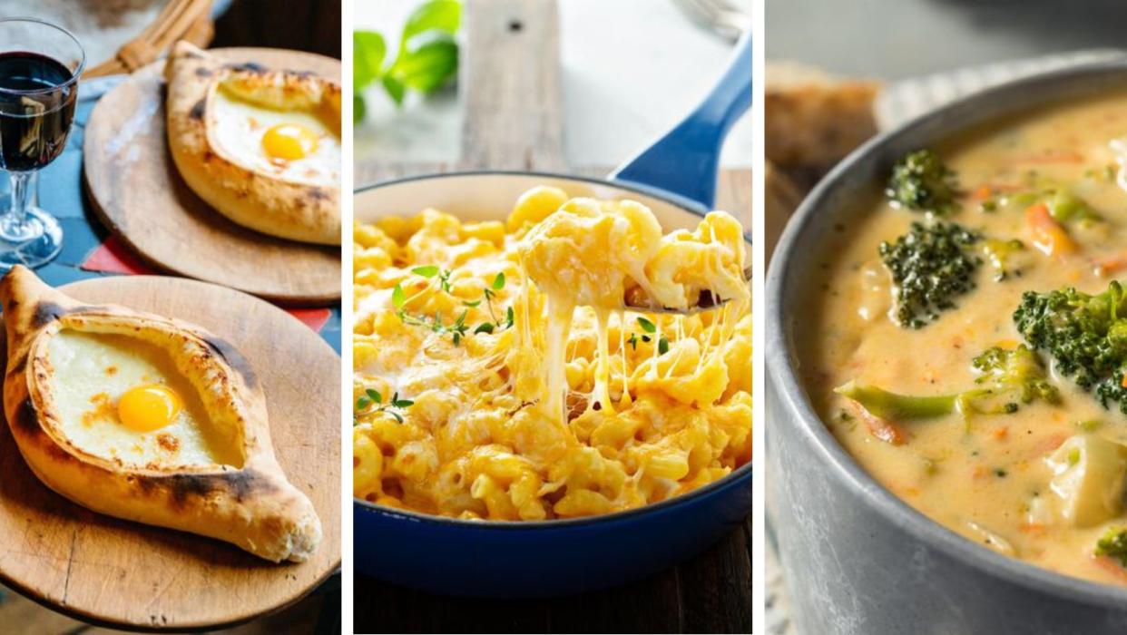 Khachapuri on a table with wine; Mac and Cheese with Pickled Shallots; and Broccoli Cheddar Soup