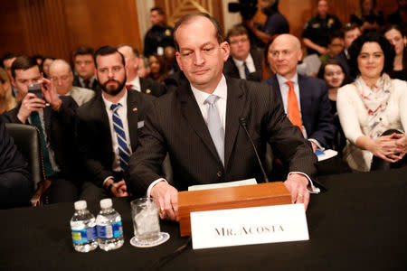 Alex Acosta, President Donald Trump's nominee to be Secretary of Labor, arrives for his confirmation hearing before the Senate Health, Education, Labor, and Pensions Committee on Capitol Hill in Washington, D.C., U.S. March 22, 2017. REUTERS/Aaron P. Bernstein