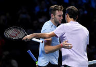 Tennis - ATP World Tour Finals - The O2 Arena, London, Britain - November 12, 2017 Switzerland's Roger Federer speaks with USA's Jack Sock after winning his group stage match Action Images via Reuters/Tony O'Brien