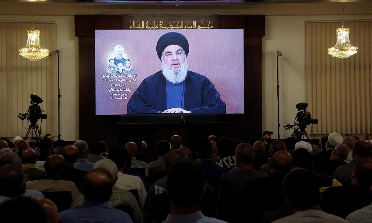 <span>Nasrallah spoke at a memorial for Taleb Sami Abdallah, the most senior Hezbollah commander to be killed by Israel since cross-border exchanges began on 8 October.</span><span>Photograph: Mohamed Azakir/Reuters</span>