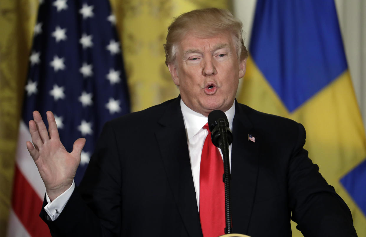 President Donald Trump speaks during a news conference with Swedish Prime Minister Stefan Lofven in the East Room of the White House, Tuesday, March 6, 2018, in Washington. (AP Photo/Evan Vucci)