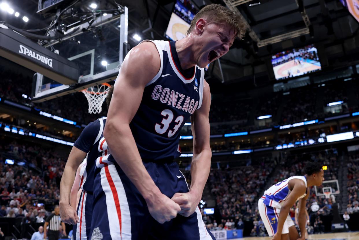 Gonzaga Bulldogs forward Ben Gregg (33) reacts after a play during the first half in the second round of the 2024 NCAA Tournament against the Kansas Jayhawks at Vivint Smart Home Arena-Delta Center.