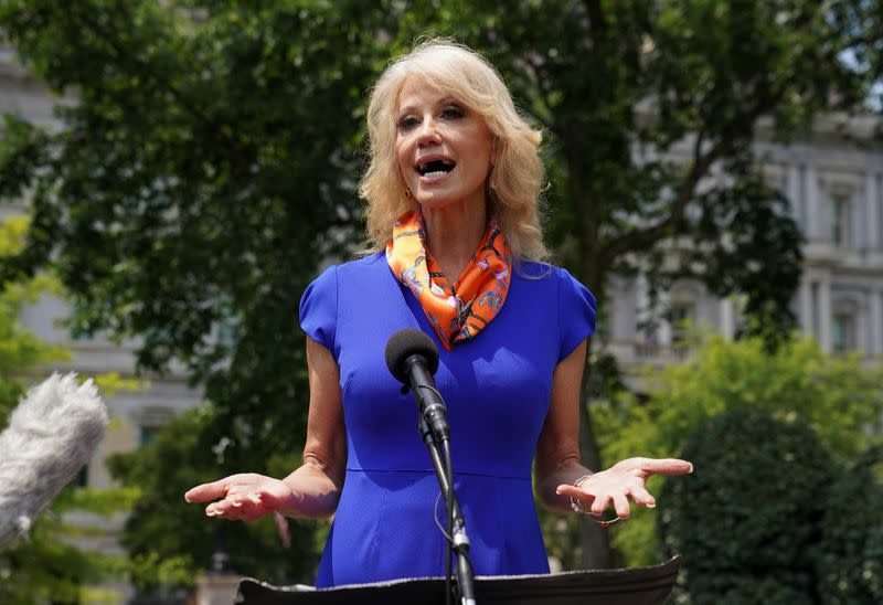 Trump adviser Kellyanne Conway speaks to reporters at the White House in Washington