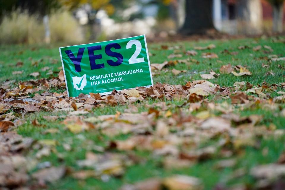 A green yard sign supporting the legalization of adult-use cannabis in Ohio