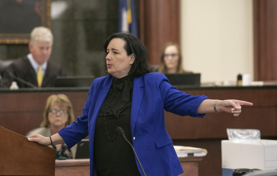 Deputy Solicitor Suzanne Mayes makes a point during the sentencing phase of the trial of Tim Jones in Lexington, S.C., Thursday, June 6, 2019. Jones, was found guilty of killing his 5 young children in 2014. (Tracy Glantz/The State via AP, Pool)