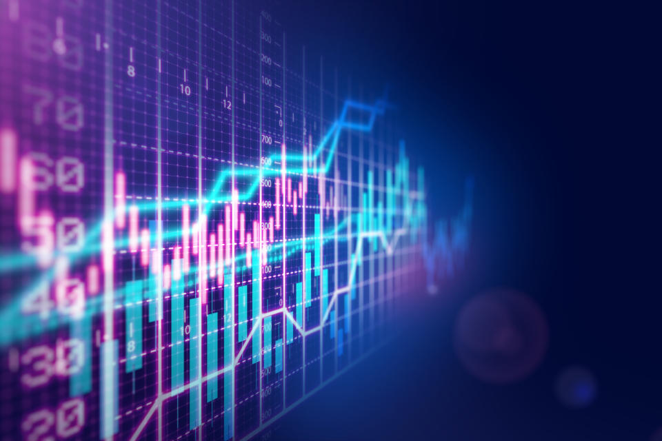 Stock market financial growth chart on dark background.