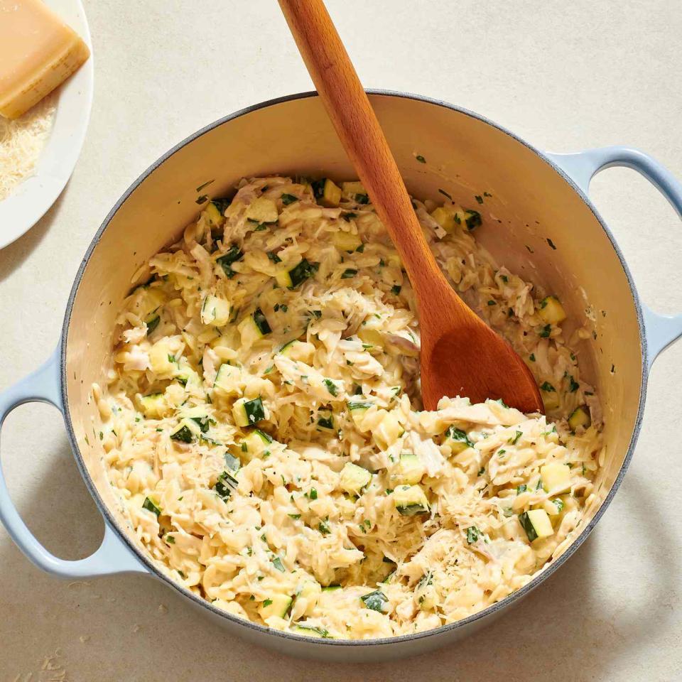 <p>This one-pot creamy chicken with zucchini is comfort food at its best. Here, we take advantage of fresh summer zucchini, which lightens up the dish. This easy dinner is made all in one pot on the stovetop, so you can give your oven a rest on a warm day and enjoy an easy cleanup.</p> <p> <a href="https://www.eatingwell.com/recipe/7987506/one-pot-creamy-chicken-pasta-with-zucchini/" rel="nofollow noopener" target="_blank" data-ylk="slk:View Recipe;elm:context_link;itc:0;sec:content-canvas" class="link ">View Recipe</a></p>