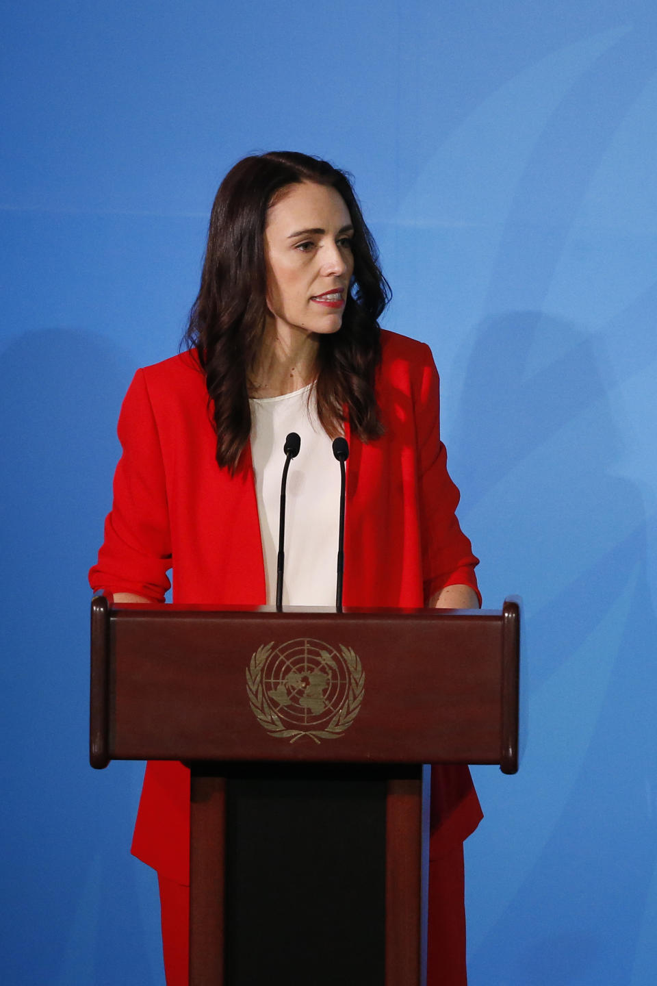 New Zealand's Prime Minister Jacinda Ardern addresses the Climate Action Summit in the United Nations General Assembly, at U.N. headquarters, Monday, Sept. 23, 2019. (AP Photo/Jason DeCrow)