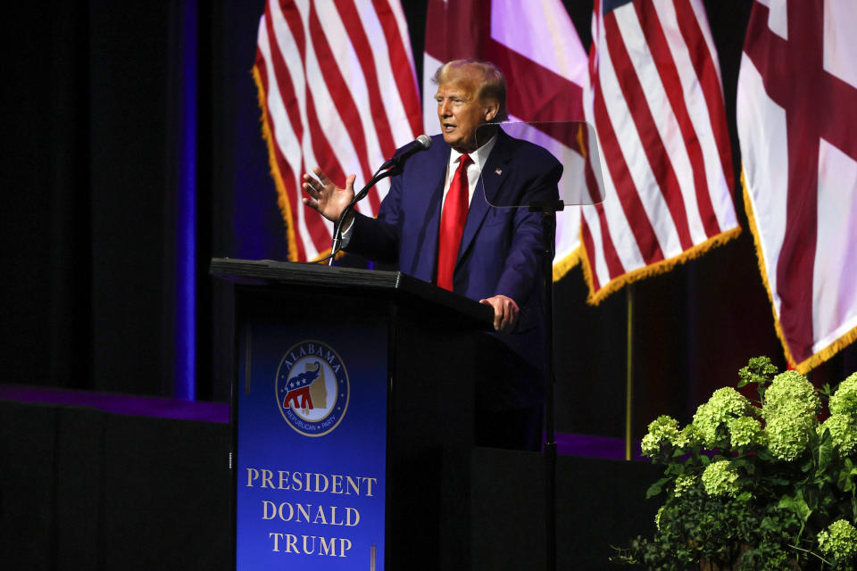 Former President Donald Trump speaks at a fundraiser event for the Alabama GOP, Friday, Aug. 4, 2023, in Montgomery, Ala. (AP Photo/Butch Dill)