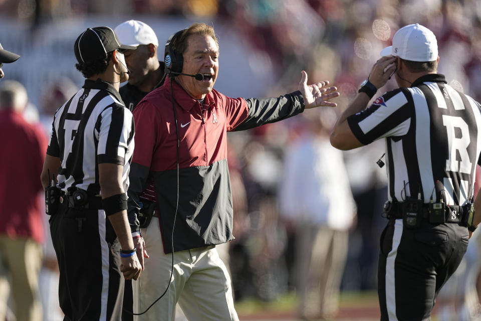 Alabama head coach Nick Saban argues a call during the first half in the Rose Bowl CFP NCAA semifinal college football game against Michigan, Monday, Jan. 1, 2024, in Pasadena, Calif. (AP Photo/Mark J. Terrill)