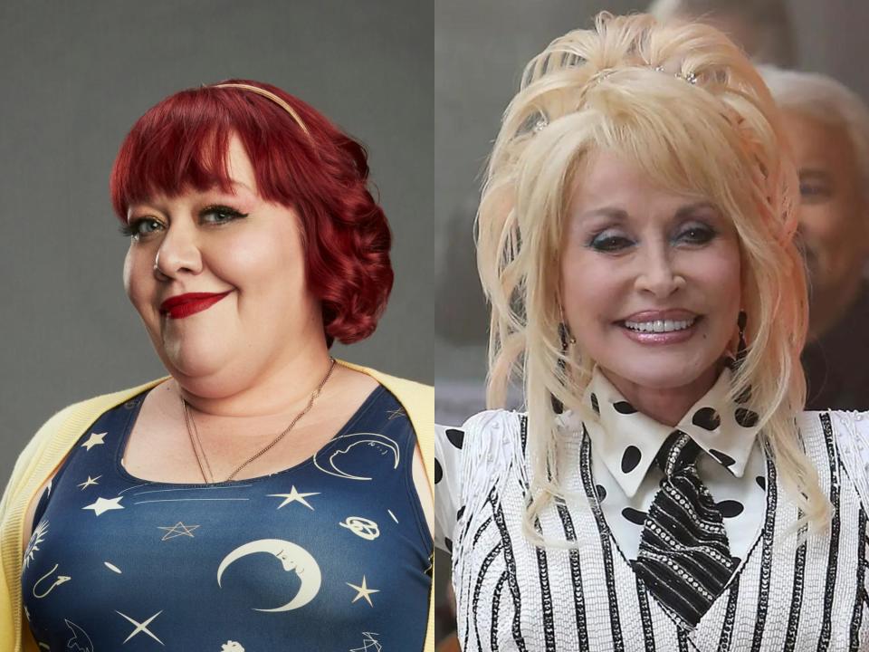 left: jada star, a woman in a star print dress and red hair; right: dolly partson with blonde hair, smiling widely