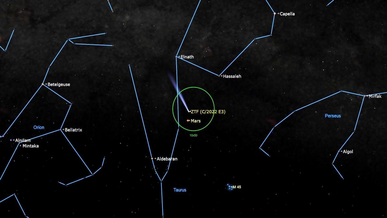  An illustration of the night sky on Feb. 10 showing the green comet C/2022 E3 (ZTF) close to Mars and the Taurus constellation. 