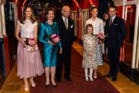 <p>The royals stepped out for a concert hosted by a music school for children. In this photo, left to right: Princess Sofia, Queen Silvia, King Carl XVI Gustaf, Princess Estelle, Crown Princess Victoria, and Prince Daniel.</p>