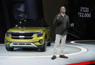 Bill Peffer, vice president of sales at KIA, introduces the all-new 2021 Kia Seltos at the AutoMobility LA Auto Show in Los Angeles, Wednesday, Nov. 20, 2019. (AP Photo/Damian Dovarganes)