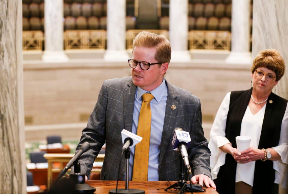 Senate President Pro Tem Caleb Rowden speaks at a press conference at the Missouri State Capitol Building on Thursday, Jan. 4, 2024.