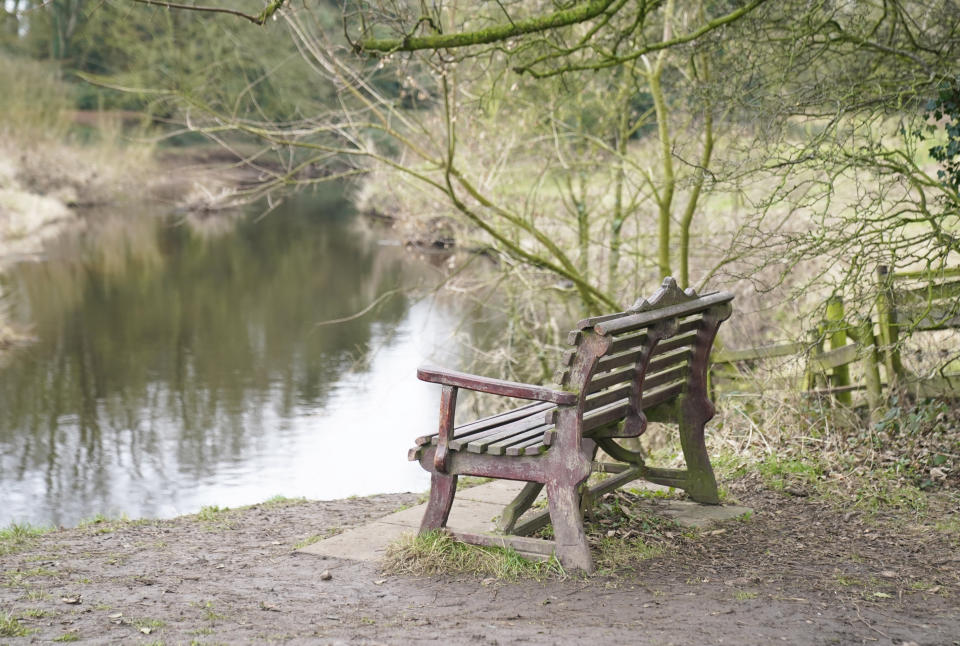 The bench where Nicola Bulley's phone was found, on the banks of the River Wyre, in St Michael's on Wyre last Friday. (PA)